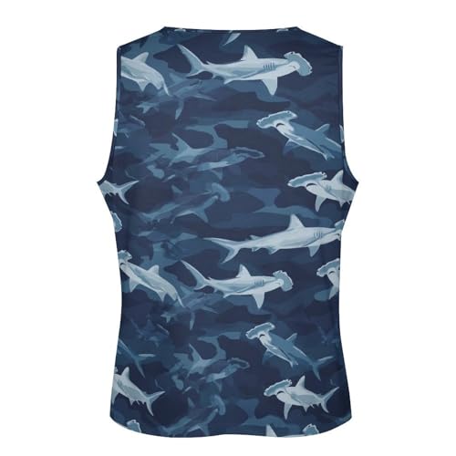 Tank Tops Men, Blue Camo Hammerhead Shark Print Workout Running Gym Muscle Sleeveless Shirts for Men4
