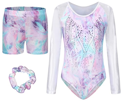 Girls Gymnastics Leotards Kids Long Sleeve Dance One Piece Sparkle Athletic Activewear Ballet Bodysuit with Shorts Breathable Training Outfit Dancewear Purple 5-6 Years