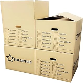 10 Strong Extra Large Cardboard Storage Packing Moving House Boxes with Carry Handles and Room List 53cm x 53cm x 41cm 115 Litres