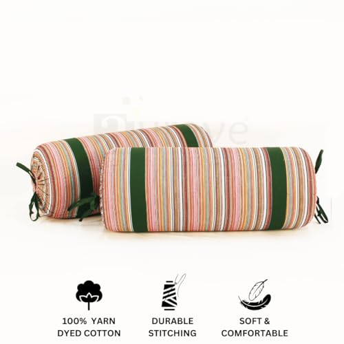 Image of AURAVE Woven Cotton 144 TC Printed Bolster Cover with Drawstring Closure, Set of 2, Soft Breathable Durable Machine Washable for Sofa Bed & Home Decor, 15 inchx30 inch, Bottle Green | Cover Only