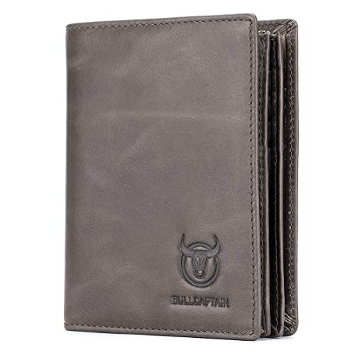 BULLCAPTAIN RFID Blocking Bifold Wallet For Men Genuine Leather Extra Capacity Travel Wallet with 2 Cash Compartments QB027
