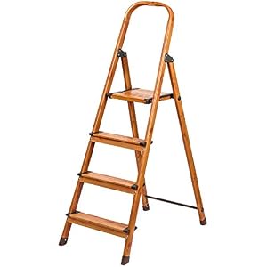 Tatkraft Upgrade 4 | Trittleiter 4 Stufen, Leiter Haushalt Stabil Bis 150 KG, Klapptritt, Anti-Rutsch, Braucht wenig Platz, Skandinavischer Holz Look