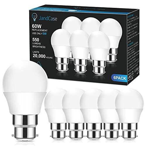 JandCase Bombillas B22 de bayoneta, bombillas LED de bola de golf de 6 W, equivalente a incandescente de 60 W, blanco frío 6000 K, 600 lm, bombilla de globo G45 B22, no regulable, 6 unidades Cover