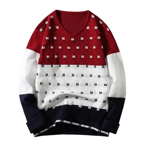 Men's V-Neck Collar Sweaters Long Sleeve Patchwork Winter Dot Patterned Sweater Korean Style Casual Pullovers3