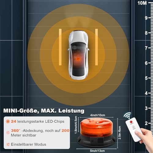 Dinfu Rundumleuchte akku mit Fernsteuerung, 12V Gelb Warnleuchte magnet 9 Modes Warnlicht mit Kfz-Ladekabel und USB-Kabel für Auto KFZ LKW Traktor SUV j-eep