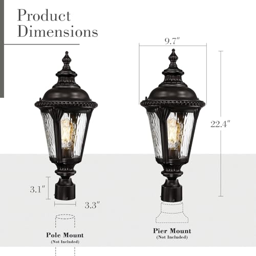 Image of Emliviar 22.4 Inch Modern Exterior Post Lantern with Water Ripple Glass, Oil Rubbed Bronze Lamp Post Outdoor Lighting, E26 Base 60W Max, XE265P-M ORB-SW