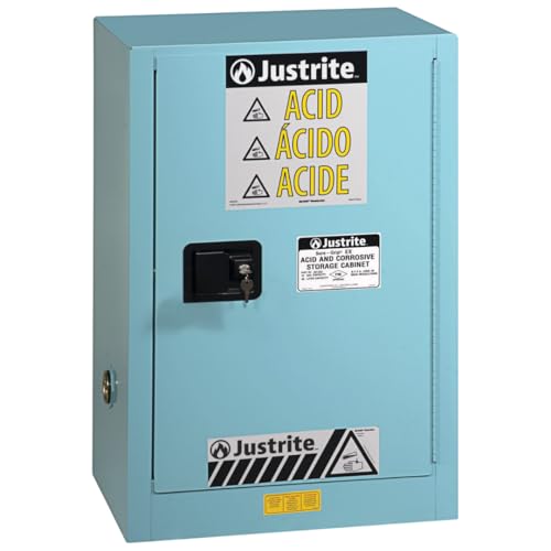Image of Justrite Acid Corrosive Storage Cabinet - 15 Gallon 1 Door Manual Close Chemical Storage Cabinet with ChemCor Coating - 22 inch x 36 inch x 24 inch - Made in The USA - Light Blue - 8825022