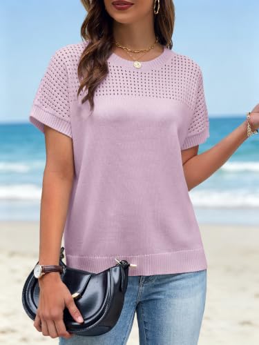 Anbech Crochet Tops for Women Short Sleeve Knit Sweater Pullover Shirt Hollow Out Lightweight Summer Beach Vest Outfits Purple — view 6