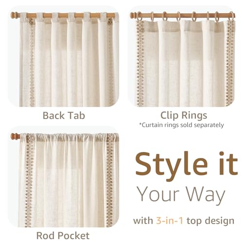 Image of jinchan Beige Linen Curtains with Woven Trim Back Tab 50 x 84 Inch 2 Panels