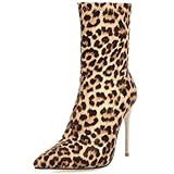 Gicoiz Briller Aiguilles Femme Pointu Bottes Extensibles A Enfiler Fête Mode Talons Hauts Mariage Elegant Mi Mollet Bottines Leopard Taille 34 EU