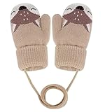 CUEMOON 1 paio di guanti invernali per neonati, 1 – 3 anni, graziosi orso volpe, cartone animato, per bambini, ragazze, ragazzi, invernali, lavorati a maglia imbottiti, cachi, 12 * 7 cm