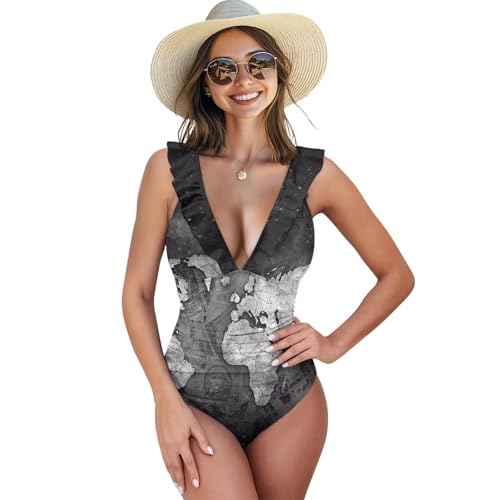 Suhoaziia Traje de baño de una pieza para mujer, con volantes modestos, cuello en V, control de abdomen, lazo en la espalda, para playa, piscina, viajes, Mapa del mundo gris, XL