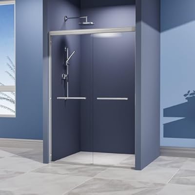 Double Sliding Shower Door 44-48" W x 72" H, Semi-Frameless Glass Shower with 1/4" (6mm) Clear SGCC Tempered Glass, Bathrooms Bypass Door W/Explosion-Proof Film -Brushed Nickel