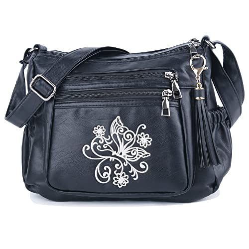 ELDA Embroidered Crossbody Bags For Women Print Pocketbooks Soft PU Leather Purses and Handbags Multi Pocket Shoulder Bag
