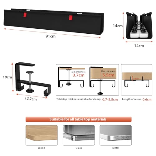 Univivi Unter dem Kabel Management Schreibtisch, 90cm Ohne Bohren Kabelkanal Schreibtisch Fexibel Oganizer, Klemmen/Schraubmontage, Stabiles Wasserfestes Kabeltray für Büro und Zuhause