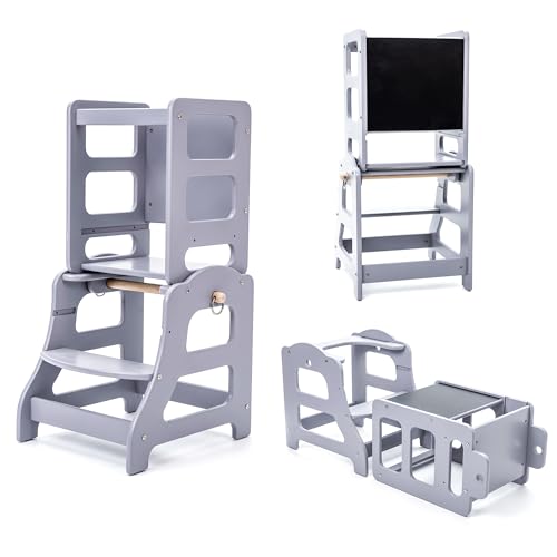 Toddler Tower,Kitchen Step Stool for Children,3 in 1 Wooden Learning Tower with Montessori Weaning Table and Chalkboard-Premium Birchwood, Adjustable Platform