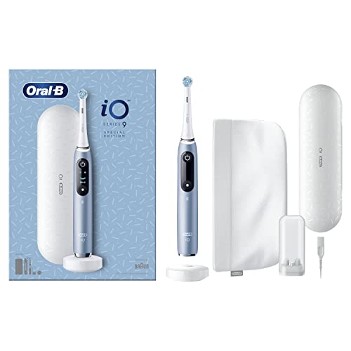 Oral-B Cepillo de dientes eléctrico iO Serie 9, edición especial, se conecta a la aplicación móvil Oral-B, con tecnología magnética iO, estuche de viaje con función de carga, bolsa de cosméticos, azul