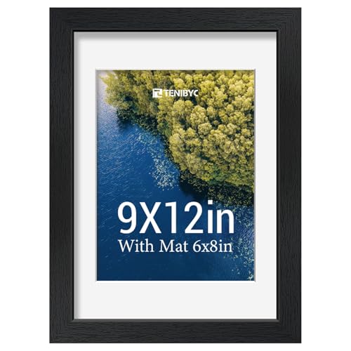 TENIBYC 9x12 picture frame, 6x8 Mat, Black Wood, Glass, 1 Pack, for Photo