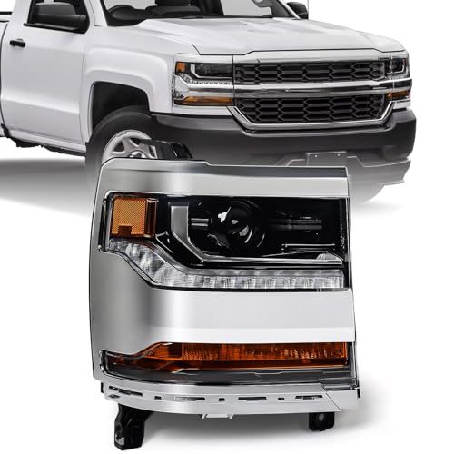 VLINCAR Headlight Assembly Compatible with Chevy Silverado 1500 2016 2017 2018 (Hid/Xenon Model) Factory Replacement Head Light Lamp Chrome Housing Right Passenger Side