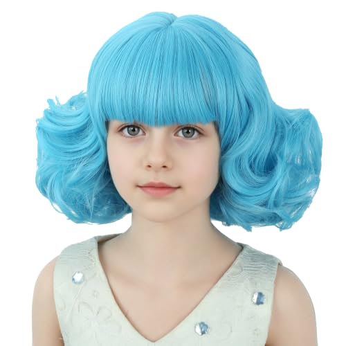 Girls Sky Blue Wig Short Curly Blue Bob Wigs with Bangs Synthetic Wigs with Wig Cap for Cosplay Party Costume