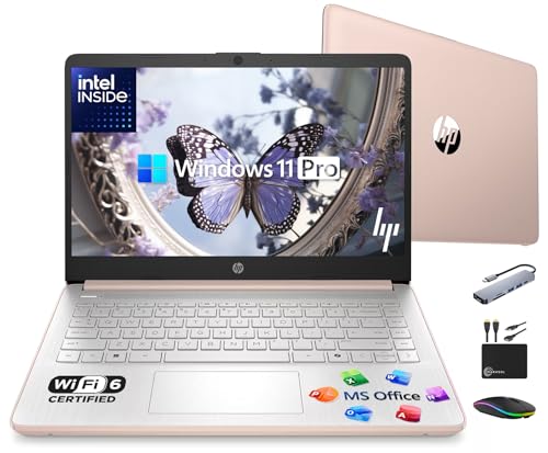 HP 14" Laptop Thin and Light for 2026 Student Business with Office Suite, Copilot AI, Intel CPU Up to 2.8GHz, 16GB RAM, 628GB Storage (128GB SSD+500GB Ext), WiFi 6, Win 11 Pro, MarxsolAddon, Rosegold
