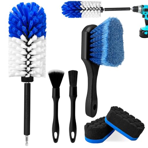 Car Wheel Brush Kit, Soft Drill Wheel Cleaner Brush, Tire Brush, Detailing Brush, and Detailing Pads, No Scratches Car Wheel Cleaning Kit for Wheels, Tires, Rims, Engines, Exhaust(Blue+White, 6 Pack)