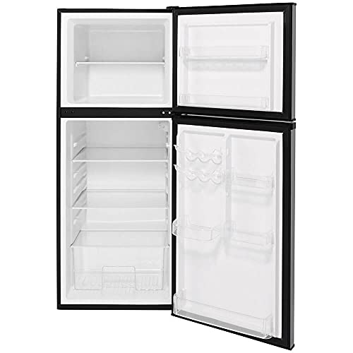 GE GPV10FSNSB 24" Top Freezer Refrigerator with 9.93 cu. ft. Capacity 12V DC Power Only LED Lighting and Adjustable Spillproof Glass Shelves in Stainless Steel and Black on Fridge.com