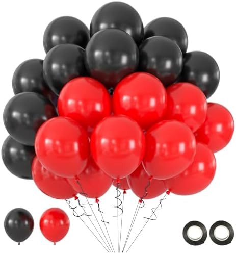 Luftballons Schwarz Rot 50 Stück 12 zoll Schwarze und Rote Helium Ballons | Latex Ballons inkl. 2 Bänder, für Geburtstag Silvester Weihnachtsfeier Abschluss Racing Casino Abend Jub