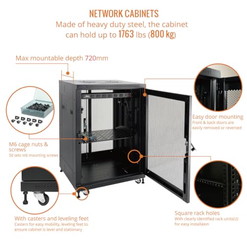Image of Tecmojo Fully Assembled 18U Network Cabinet AV Rack Enclosure with Casters /Locking Doors with Dual Fan, PDU and Cantilever Shelf (31.5inch DEEP Mesh Door)