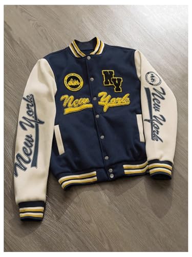 Image of GORGLITTER Men's Letter Graphic Varsity Jacket Long Sleeve Striped Trim Button Bomber Jackets