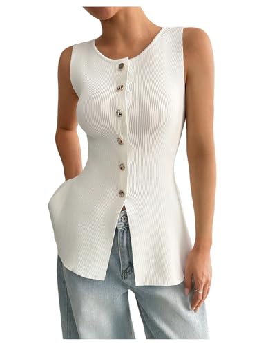 Verdusa Women's Plus Size Old Money Sweater Vest Button Down Sleeveless Crew Neck Knitted Tank Top