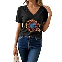 AiMgFUN Camisetas femininas com estampa de girassol com estampa de letras, gola V, verão, casual, de manga curta, Gvblack-01, P