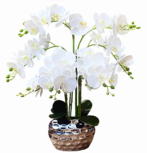 GXLMII Flores artificiales de orquídeas para decoración del hogar, orquídeas sintéticas con jarrón plateado Phalaenopsis, flores falsas de tacto real, plantas de orquídeas blancas, arreglos en maceta,
