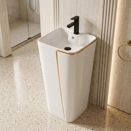 Image of InArt One Piece Ceramic Pedestal Free Standing Round Wash Basin for Living Room and Bathroom (17 x 14 x 34 Inch, White Gold Glossy)