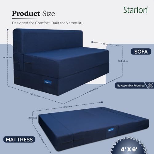 Image of Starlon 2 Seater Foldable Sofa Cum Bed 3-in-1 with 2 Geometrical Pattern Pillows, Washable Jute Fabric Cover, Space Saving Guest Bed, Pre-Assembled Royal Navy Blue 4x6 Ft