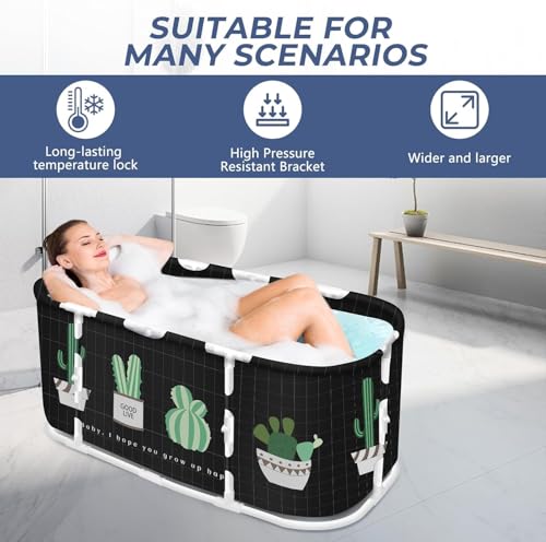 Image of Foldable Adult Bath Tub for Home Spa | Large Portable Bathtub with Backrest & Handle | Insulated Folding Tub for Hot & Cold Soak, Ice Bath, Bubble Bath & Relaxing Spa (Cactus)