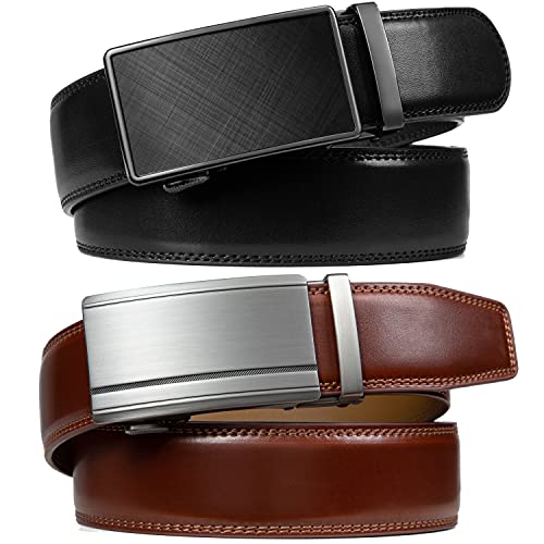 Image of Founders & C Mens Belt 2 Pack,Leather Ratchet Click Belt Dress with Slide Buckle 1 3 /8 inch in Gift Set Box- Size Adjustable