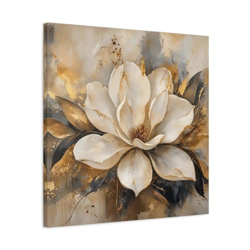 Toile magnolia blanc et or 60x60 cm avec châssis épais finition haut de gamme