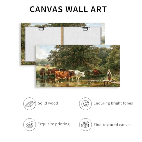 SERIMINO Landscape Wall Art Vintage Decor, Animal Cow Canvas Prints, Forest Grazing Cattle Aesthetic Pastoral Paintings, Rustic Farmhouse Wall Decor Living Room Bedroom, 20x40 Inch