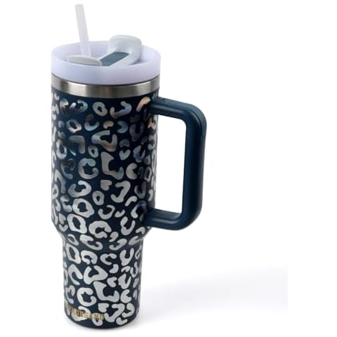 Jormungand 40 oz Tumbler with Handle and Straw Stainless Steel Vacuum Insulated Water Bottle for Hot or Cold Beverages Cup Holder Friendly Coffee Mug with Lid Gift for Women&Men (Leopard Blue) Cover
