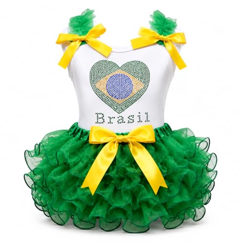 Maillot Brésil fille avec jupe verte pétale, vêtement football enfant 1-8 ans