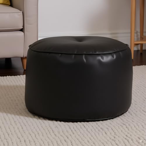 Image of Premium Faux Leather Footstool /Footrest /Pouffe | EPS Beans Filled | Ready to Use | Soft Cushioned Ottoman | Durable Leatherette Finish | Living Room, Bedroom & Office Color- (Black)