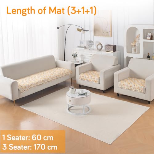 Image of HOKIPO Sunlit Butterfly Quilted Sofa Cover 5 Seater Set - Washable 3+1+1 Sofa Cover Mat with Tassel Design | 'Tassel Twigs' Series (IN-985-T3 + IN-982-T3*2)