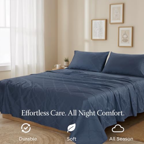Image of Threadmill 300TC Cotton King Sheet Set, Sateen, Damask, Folkstone Blue