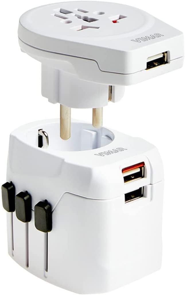 Vimar 0A32303B Adattatore Universale da Viaggio con 3 Spine Selezionabili, Spina Standard UK, USA, UE, Australia, Cina, 3 Prese USB e Fusibile di Protezione – Bianco