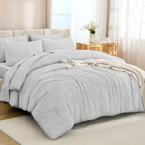 Image of Andency Light Grey Comforter Queen Size Set with Sheets - 7 Pieces Boho Bed in a Bag Tufted Bedding Sets Lightweight All Season Bed Set with Comforter, Sheets, Pillowcases & Shams