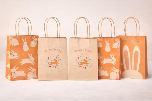 Geschenktüten Ostern 5er Set - 3 Designs, stabile Papiertüten für kleine & mittelgroße Ostergeschenke – wiederverwendbare Geschenkverpackung aus Kraftpapier, mit Henkel, braun, für Familie & Freunde