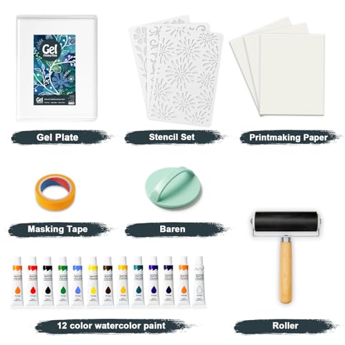 INNOVAYOU 5 x 7 Zoll Gel Druckplatte Set, Set mit Geldruck, Gummirolle, Aquarellfarben, Schablonen, Druckpapier, Geeignet für Kartenherstellung, Kunsthandwerk, Scrapbooking, Tagebuch