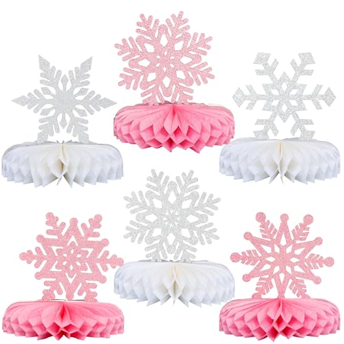 Gyufise 6 Pack Snowflake Honeycomb Table Centerpieces Snowflake Frozen Table Decoration Burst Table Centerpieces Table Decor for Frozen Winter Wonderland Party Decorations Pink Silver