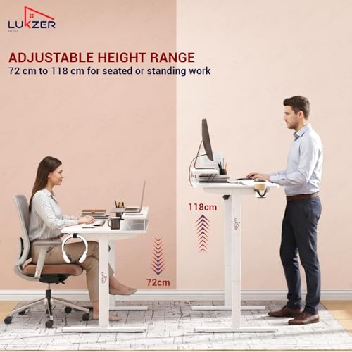 Image of Lukzer Electric Height Adjustable Desk with Monitor Riser USB & Type-C Work from Home Ergonomic Sit-Stand Table with Advanced Memory Preset 1200 x 600 Top - 1 Year Warranty (EST-004 /White & White)